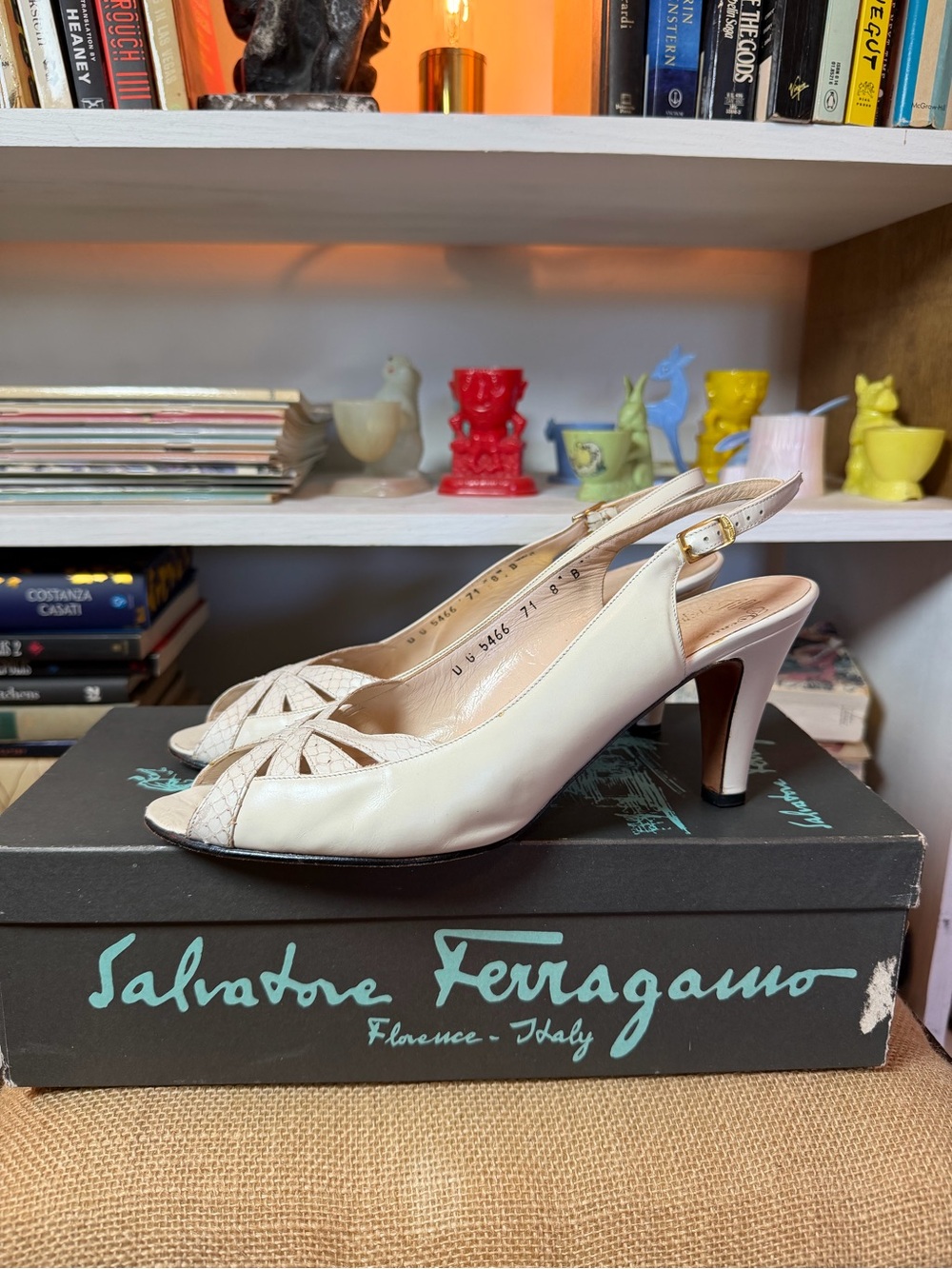 Salvatore Ferragamo Cream Peep-Toe Slingback Heels